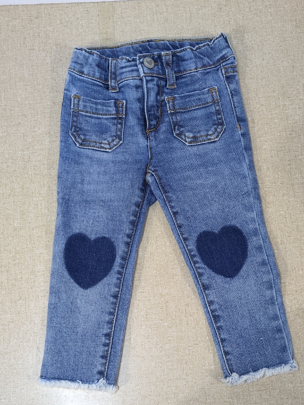 Kids Blue Heart Patch Denim Jeans Raw Hem 18m Pockets